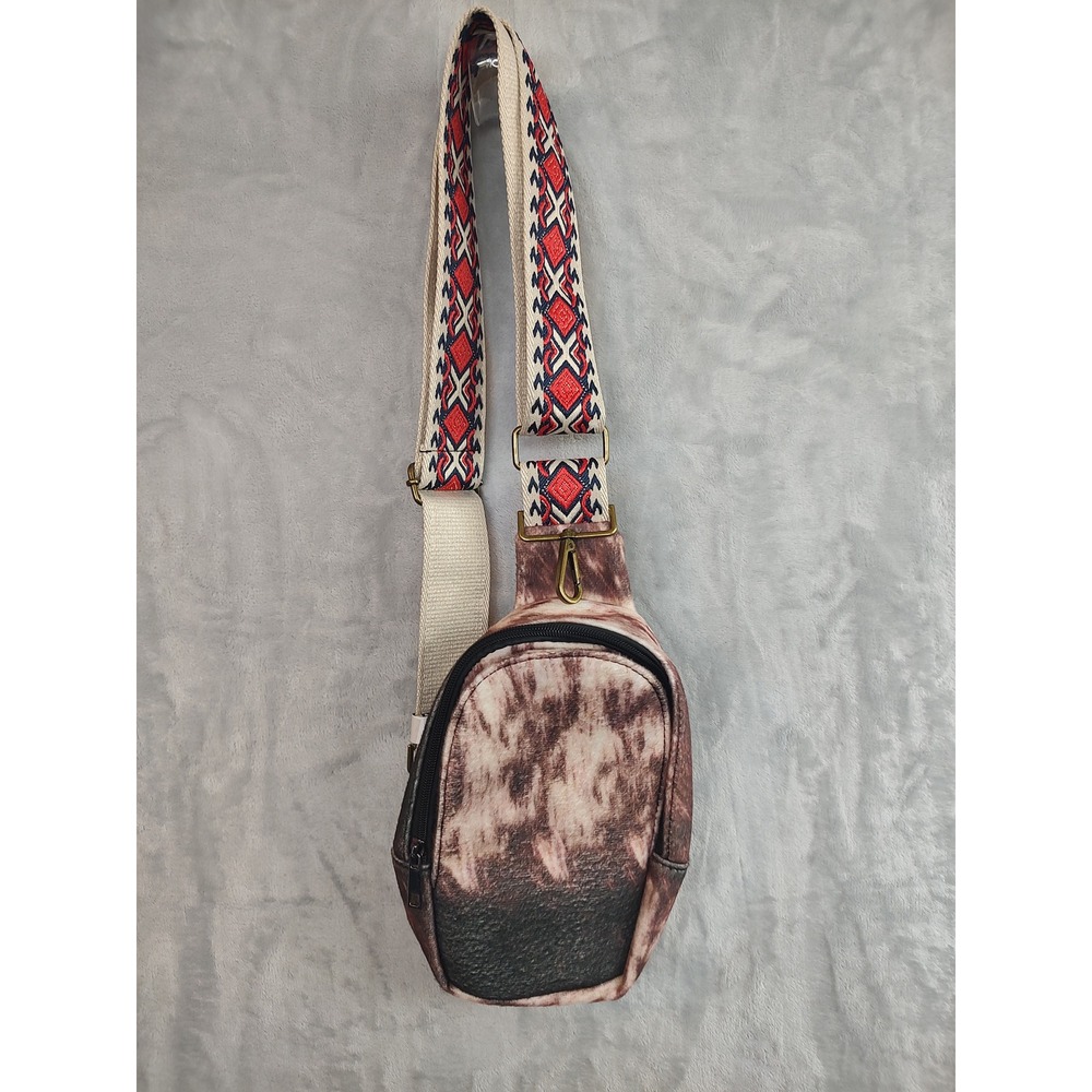 Cow Print Sling Bag Crossbody Brown White Geometric‎ Strap Western Boho Small